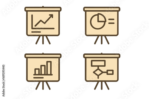 Presentation board icon set. Data visualization pictograms with line graph, pie chart, bar chart, and flowchart. Business analytics and statistics report symbols for infographics.