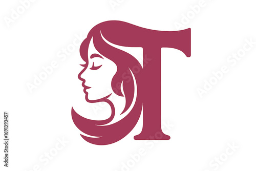 Letter T logo with woman face silhouette. Beauty salon, spa, or cosmetics brand monogram. Elegant female profile with flowing hair for fashion or hair care business icon.