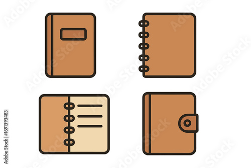 Collection of notebook, journal, diary icons. Vector set of flat linear pictograms for writing, study, education. School and office supplies illustration for web design, apps.