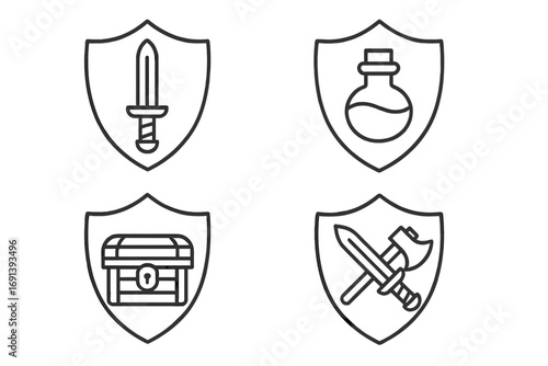 Fantasy RPG game icon set. Vector line art collection of medieval shields with sword, battle axe, treasure chest, and magic potion. Game assets for UI, web, graphic design.