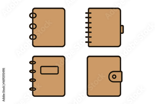 Notebook icon set. Brown journal, diary, planner vector collection. Minimalistic linear pictogram for web, graphic design, apps. Office and school supplies symbol. Flat cartoon illustration.