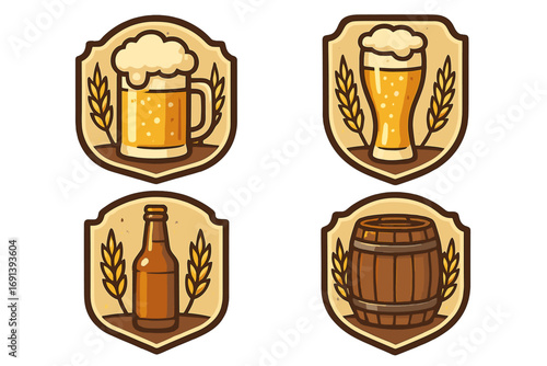 Beer logo badge illustration set. Vector cartoon design for brewery, pub, or bar. Craft beer emblem collection with mug, bottle, barrel, and glass. Ale lager symbol.