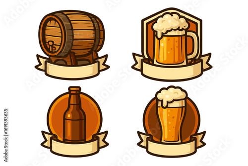 Beer logo badge set. Brewery emblem collection. Vector illustration of beer mug, glass, barrel, and bottle. Craft beer pub bar alcohol drink icon with empty ribbon banner.