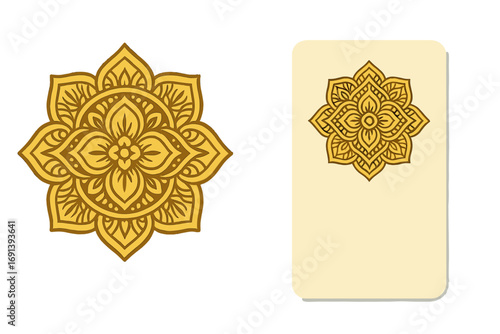 Golden mandala logo and business card template. Luxury floral ornament for yoga, wellness, spa. Elegant oriental decoration. Esoteric spiritual symbol for brand identity design.