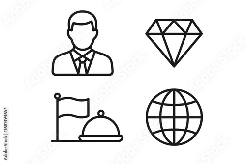 Vector icon set for business, luxury, and global services. Concepts for premium hospitality, international corporate travel, and fine dining. Businessman, diamond, globe, cloche.
