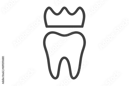 Dental crown icon concept. Tooth restoration and treatment symbol. Dentistry, oral hygiene and health care sign. Vector line art for stomatology clinic or dentist logo.