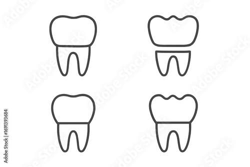 Dental crown and tooth line icon set. Dentistry, stomatology concept. Tooth restoration, implant, whitening, and care symbol. Vector illustration for clinic, web, and apps.