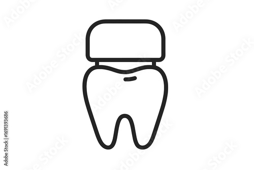 Dental crown line icon. Tooth restoration. Dentistry logo. Stomatology symbol. Oral care. Hygiene. Dental treatment. Molar cap. Implant concept. Veneer illustration. Odontology.
