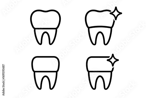 Dental crown and tooth icon set. Concepts for tooth restoration, implants, cleaning, and whitening. Vector line icons for dentistry, oral hygiene, stomatology, and healthcare.