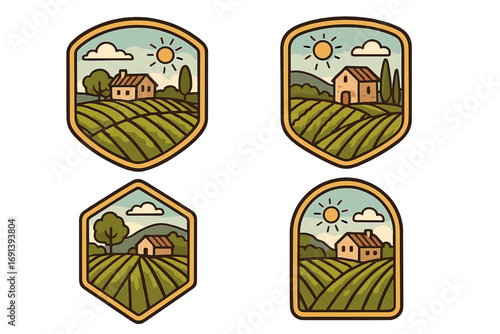 Set of vintage farm landscape badges. Vector illustration of rural countryside with house on vineyard fields. Sunny nature emblem logo collection for organic agriculture.