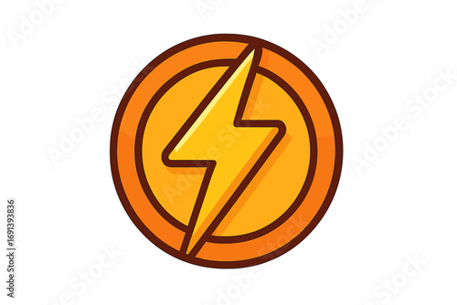 Energy token with lightning bolt symbol. Power coin icon for game or app. Electric flash currency logo. Vector cartoon illustration. Charge, voltage, and power concept.