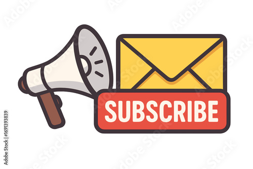 Subscribe to our newsletter banner. Email marketing campaign concept. Megaphone and envelope for promotion. Join our mail list. Vector illustration for web and blog.