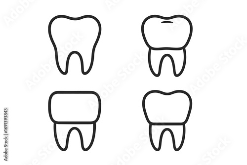 Dental crown outline icon set. Tooth restoration, implant, and veneer concepts. Stomatology and dentistry linear symbols for web, apps, and graphic design. Oral care vector.