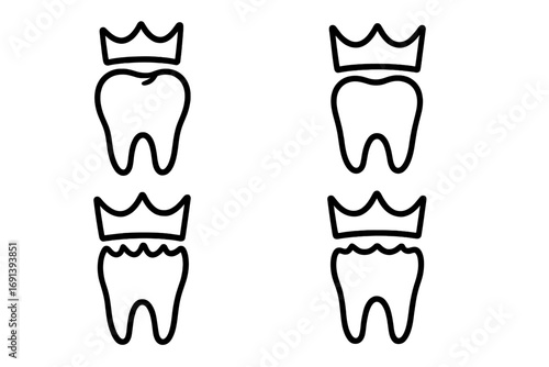 Dental crown vector icon set. Tooth implant, restoration, and treatment concept. Linear symbols for dentistry clinic. Oral health care and hygiene outline illustration.
