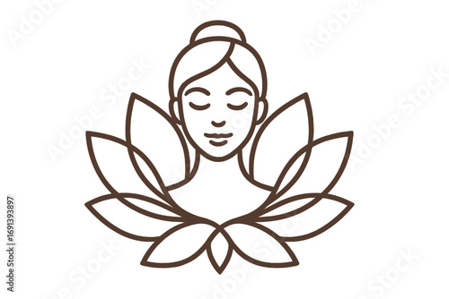 Elegant linear lotus flower and serene woman face logo design for beauty spa and wellness center, vector illustration with transparent background, calm and peaceful concept