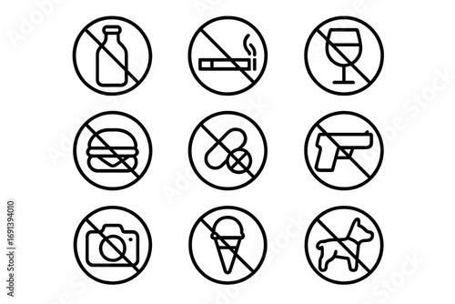 Prohibition signs vector icon set. Forbidden items outline collection. Not allowed warning symbols for public places. No food, smoking, alcohol, pets, guns, camera. Editable stroke.
