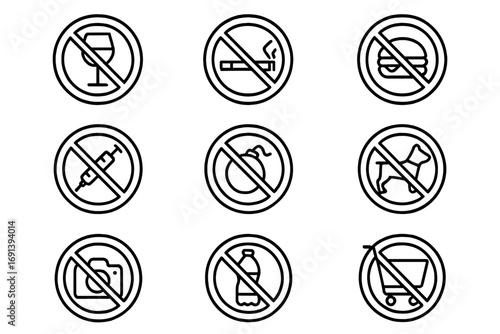 Forbidden items outline icon set. Prohibited signs collection. No smoking, no food, no alcohol, no dogs, no photography, no weapons. Vector linear pictograms. Editable stroke.