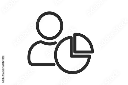 User analytics and customer data analysis icon. Pie chart with person symbol for market research, demographics report and business intelligence presentation. Vector pictogram.