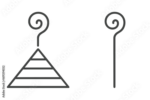 Question mark on pyramid metaphor for hierarchy issues or business structure problems. Staff for guidance. Concept of management crisis, career choice, or life journey quest.