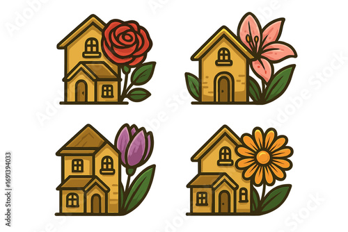 Luxury flower house logo design set with cartoon style, charming yellow homes with red rose, pink lily, purple tulip, and orange daisy flowers, transparent background, vector illustration