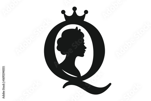 Elegant monogram letter Q with queen silhouette and crown, classic royal emblem design, vintage style vector illustration with transparent background, feminine regal logo