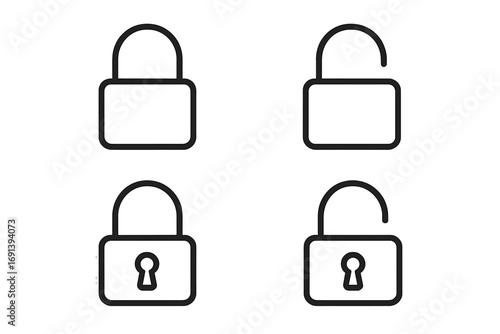 Lock and unlock line icon set. Padlock symbols for security, safety, privacy. Vector illustration of open and closed locks for web, app, and data protection. Secure access.