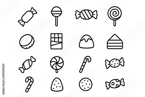Candy and sweets line icon set. Editable stroke vector symbols collection for desserts, chocolate, and confections. Simple outline pictograms for UI, UX, and web design.