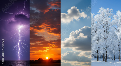 Four-panel collage illustrates diverse weather and seasons. Features dramatic lightning, a vibrant sunset, clear blue sky, and frosty winter trees
