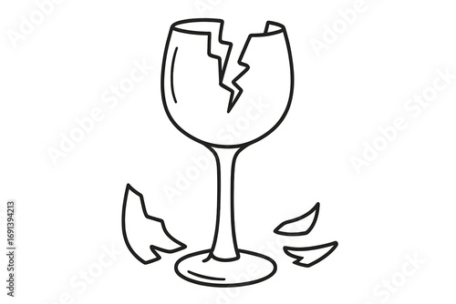 Broken wine glass line art. Shattered glass vector icon. Metaphor for failure, breakup, crisis, or disappointment. Fragility concept. Alcohol problem illustration.