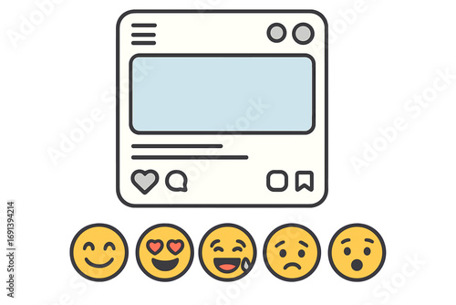 Social media app interface post with emoji reactions, vector cartoon illustration, modern digital communication icons, transparent background, user engagement set, emotional reactions collection