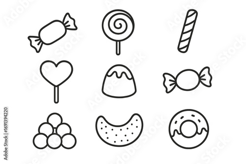 Candy and sweets line icon set. Collection of simple outline symbols. Lollipop, donut, chocolate, bonbon, caramel. Minimalist vector illustration for design. Junk food dessert.