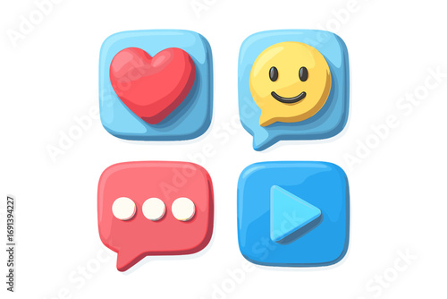Social media icon set chat comment rendering illustration, vector cartoon icons with heart, smiley, speech bubble, play button, colorful UI elements, transparent background