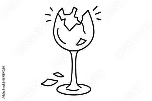 Broken wine glass line art vector icon. Shattered glassware simple cartoon illustration. Concept for fragility, accident, damage, danger, failure, and disappointment. Fragile.