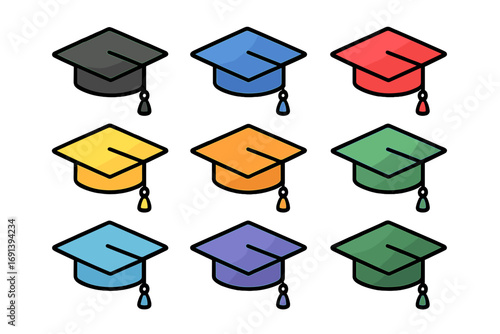 Graduation cap icon set. Square academic cap vector collection. Mortarboard education symbol pack. University degree and knowledge concept for learning and success. Colorful ceremony icons.