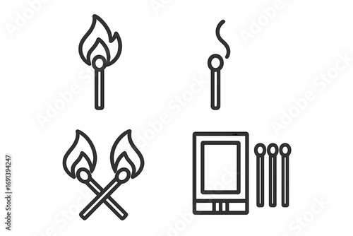 Matchstick line icon set. Burning match with flame, extinguished match with smoke, crossed matches, matchbox. Fire and danger concept. Simple vector outline graphic symbol.