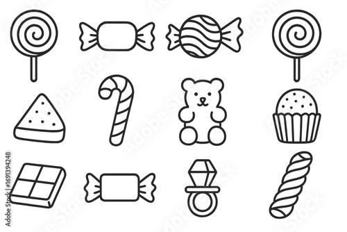 Candy and sweets line icon set. Vector collection of simple outline symbols. Dessert, sugar, treat icons. Lollipop, chocolate, gummy bear, candy cane. Editable stroke.