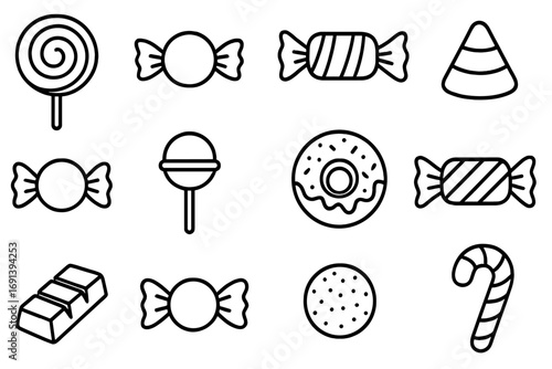 Candy and sweets icon set. Line art collection of dessert treats like lollipops, chocolate, and donuts. Simple vector outline symbols for graphic design. Editable stroke.