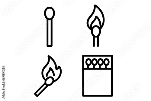 Matches icon set in modern outline style. Vector line art of burning matchstick, unlit match, and open matchbox. Concepts of fire, flame, ignition, danger, and heat.