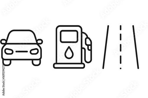 Car gas station road icon set. Modern outline style vector symbols for transport, travel, fuel, and automotive concepts. Simple linear icons for apps, web design, and UI.