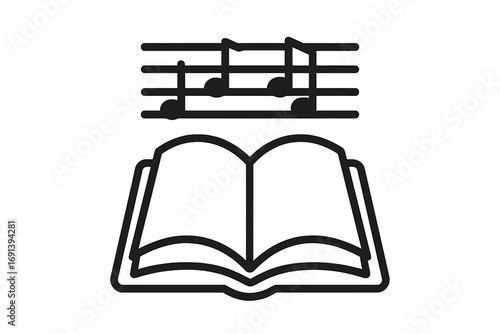 Music book icon with musical notes on a staff. Open songbook concept for learning, music theory, education, study, lesson, hymn or chorus. Vector outline illustration.