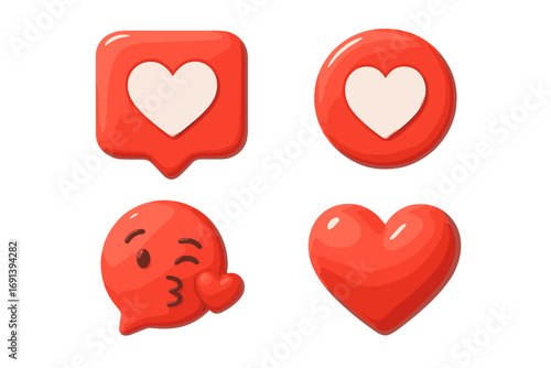 Social media love icon set 3D rendering, cartoon style heart reaction symbols, vector illustration with transparent background, digital like emoji pack, romantic emotions collection
