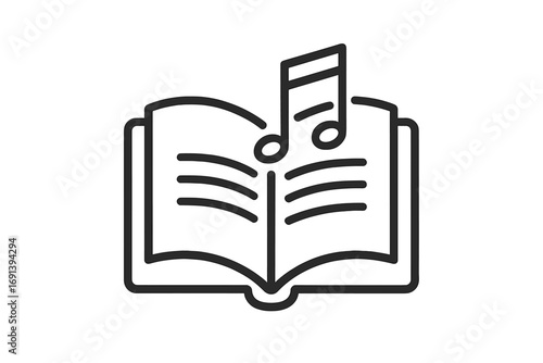 Music book icon for education and learning. Open songbook with musical notes. Symbol for melody, composition, and audiobooks. Simple vector outline for music school or library.