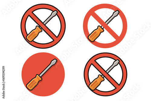 No screwdriver sign set. Do not repair or open. Forbidden tool icon. No assembly required warning symbol. Pictogram for interface and posts. Vector cartoon illustration.