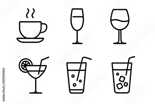 Beverage and drink outline icon collection. Coffee, wine, cocktail, juice, and soda linear icons. Editable stroke vector set for a bar menu, cafe, or restaurant graphic.