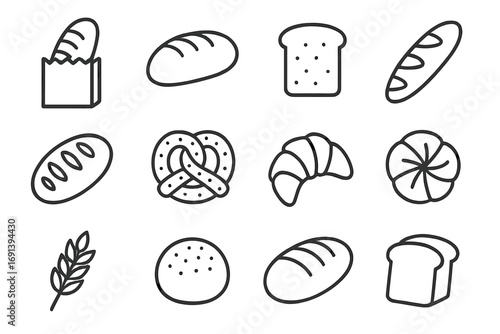 Bread bakery line icon set. Pastry outline symbol collection. Vector graphic for food design. Includes baguette, croissant, pretzel, loaf, toast, wheat. Editable stroke for web, menu, app.