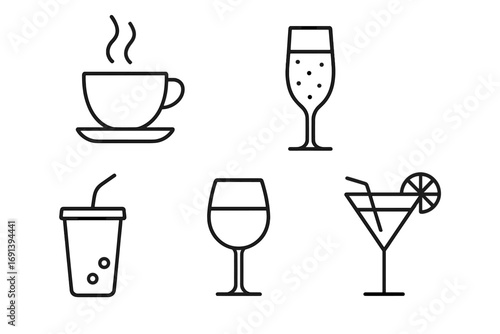 Drink and beverage outline icon set. Coffee, champagne, wine, cocktail, and soda icons. Minimalist vector line art collection for bar menu, cafe, and restaurant. Editable stroke.