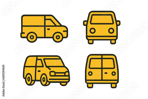 Van icon set for delivery service. Commercial vehicle collection. Minivan for cargo transport. Front, side, rear, and perspective view. Linear pictogram for logistics.