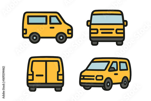 Yellow delivery van icon set. Commercial cargo transport vehicle from front, back, and side view. Vector illustration for logistics, shipping, and transportation business.