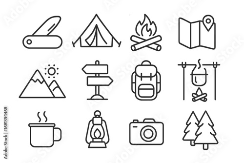 Camping and hiking line icon bundle. Outdoor adventure, travel, and nature symbols. Includes tent, campfire, mountains, backpack, map for web design. Vector illustration set.