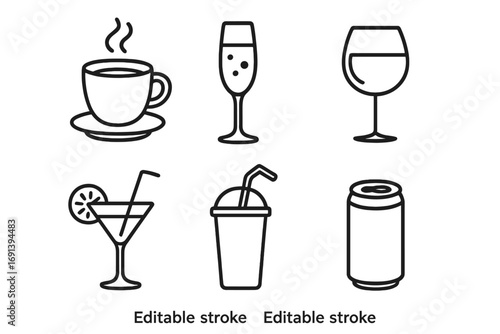 Beverage and drink icon collection. Simple line art symbols for coffee, tea, wine, cocktail, juice, and soda. Editable stroke vector icons for bar and cafe menu design.